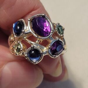 Vintage Avon Ring Size 6.5 Sterling Multi-Gem Cluster Ring in Purple and Blue